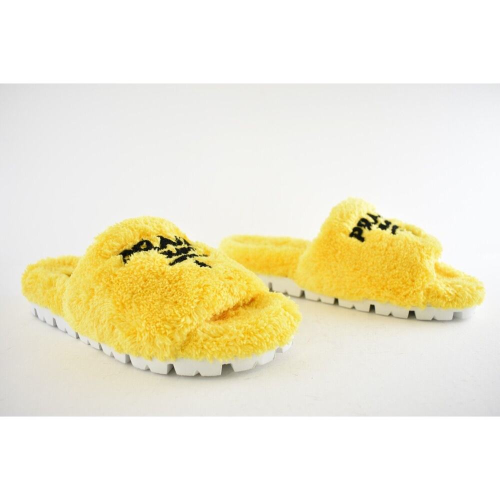 Prada Yellow Terry Cloth Black Logo Slide Sandal Rubber Sole Flip Flop Flat 38 - Picture 4 of 12